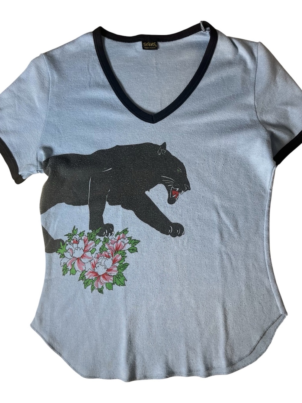 Vintage-Inspired Panther Graphic Tee with Floral Accent (S)